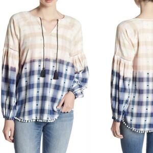 Jag Jeans Womens Elliott Tassel Soft Navy/Pink Bishop Sleeve Top LARGE Pompoms